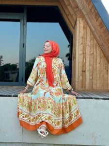 Turuncu pastel orijinal tasarım katleya elbise