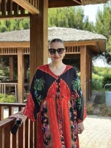 Viskon Tablo tasarım oversize elbise kırmızı