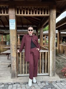 Biyeli tam fermuarlı Takım Bordo