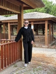 Siyah kuşaklı Ceket pantolon Kot Takım