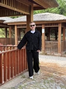 Siyah kuşaklı Ceket pantolon Kot Takım