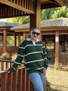 Çizgili bebe yaka kazak yeşil