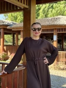 Beli büzmeli oysho elbise kahve