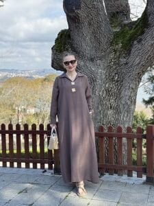 Tensel cepli yaka detaylı Elbise Kahve(kod 25181)