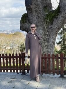 Tensel cepli yaka detaylı Elbise Kahve(kod 25181)