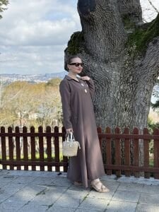 Tensel cepli yaka detaylı Elbise Kahve(kod 25181)