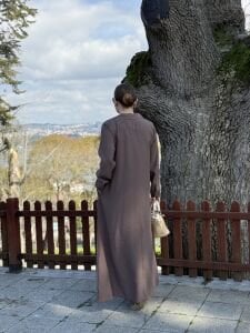 Tensel cepli yaka detaylı Elbise Kahve(kod 25181)