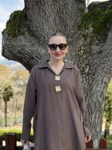 Tensel cepli yaka detaylı Elbise Kahve(kod 25181)