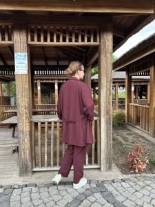 Biyeli tam fermuarlı Takım Bordo