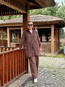 Afili Kot Denim-örgü Tasarım Takım Kahve