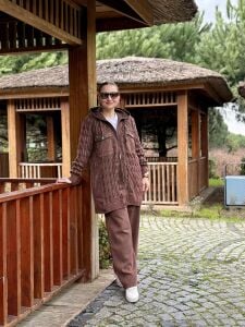 Afili Kot Denim-örgü Tasarım Takım Kahve