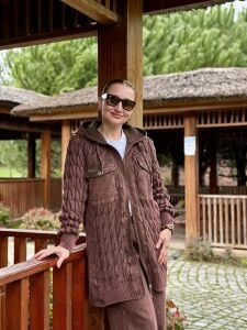 Afili Kot Denim-örgü Tasarım Takım Kahve