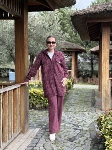 Afili Kot Denim-örgü Tasarım Takım Bordo