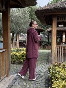 Afili Kot Denim-örgü Tasarım Takım Bordo