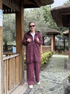 Afili Kot Denim-örgü Tasarım Takım Bordo