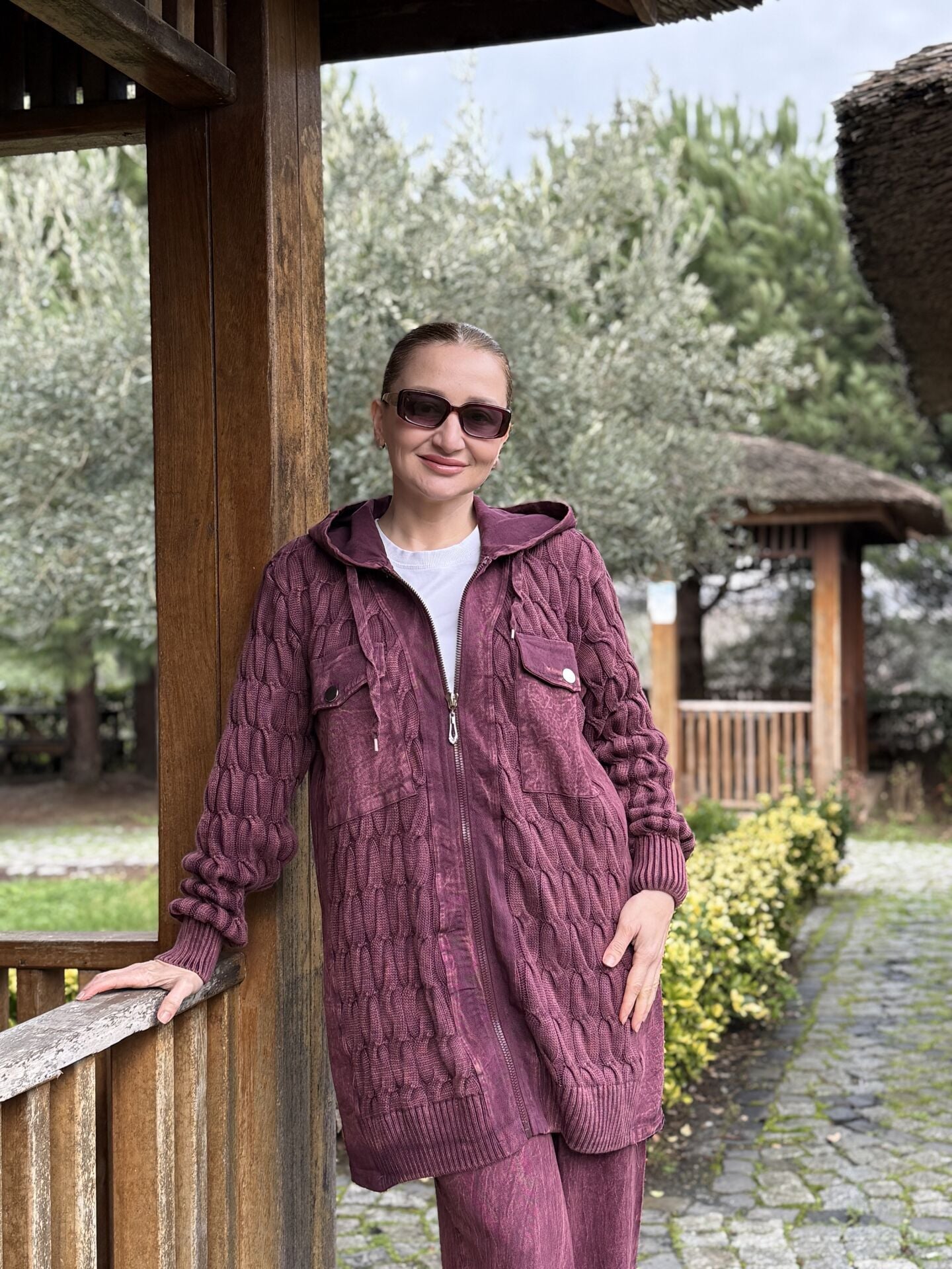 Afili Kot Denim-örgü Tasarım Takım Bordo