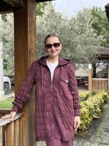 Afili Kot Denim-örgü Tasarım Takım Bordo