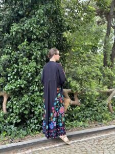 PREMİUM Etnik tasarım Çiçek Viskon Elbise SİYAH