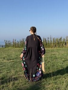 PREMİUM Etnik tasarım Çiçek Viskon Elbise SİYAH