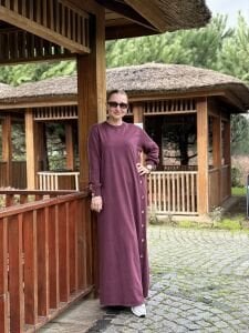 Afili tasarım düğme detaylı elbise Mürdüm