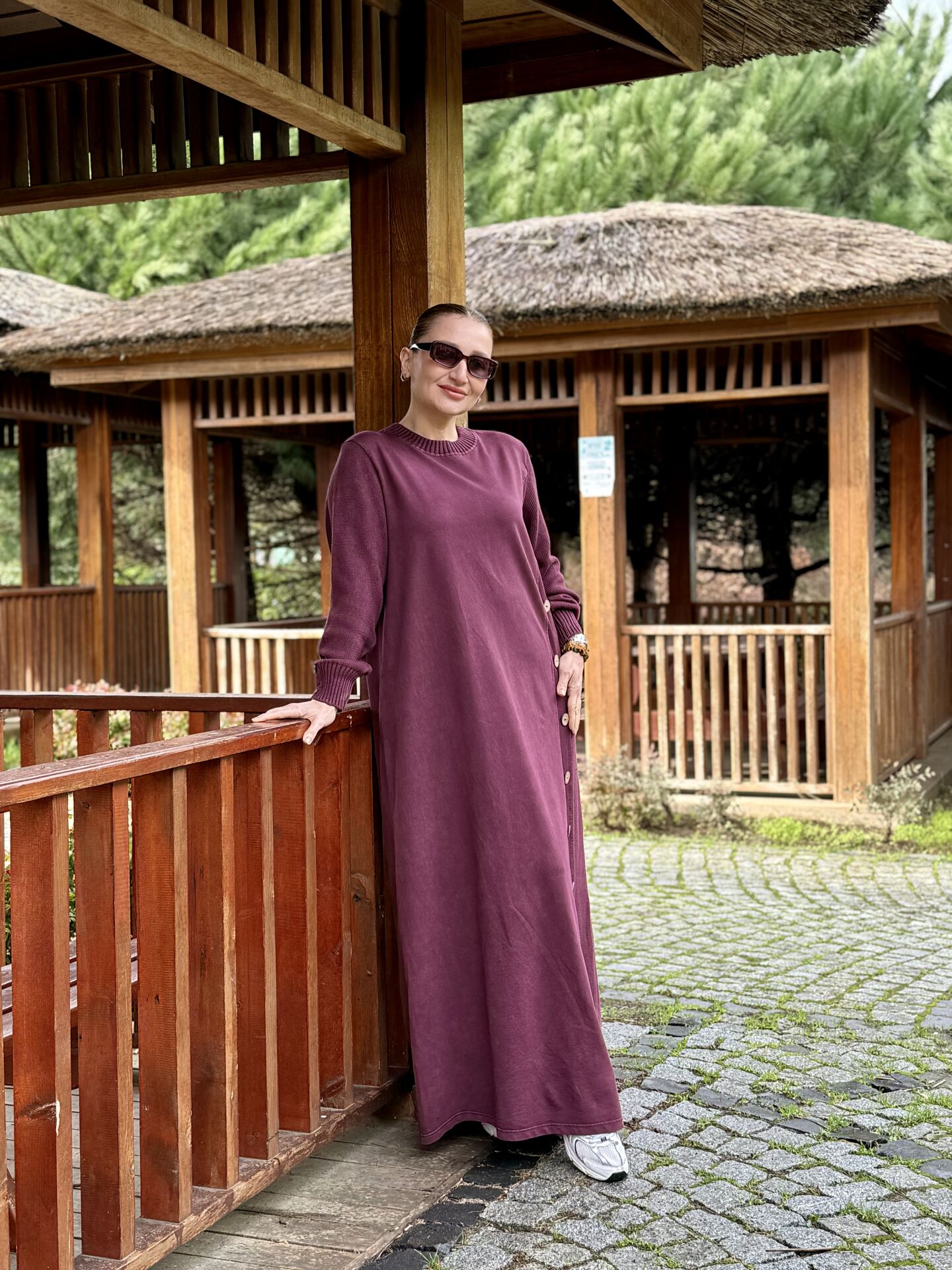 Afili tasarım düğme detaylı elbise Mürdüm