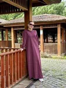 Afili tasarım düğme detaylı elbise Mürdüm