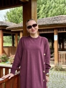 Afili tasarım düğme detaylı elbise Mürdüm