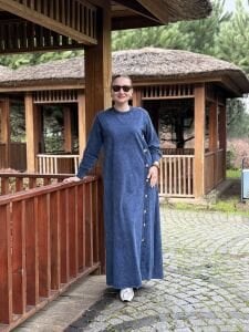 Afili tasarım düğme detaylı elbise İndigo