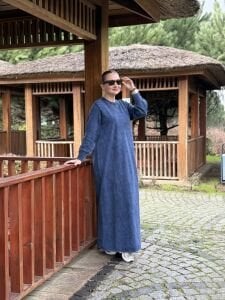 Afili tasarım düğme detaylı elbise İndigo