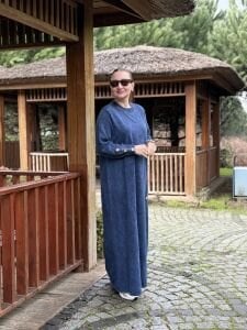 Afili tasarım düğme detaylı elbise İndigo