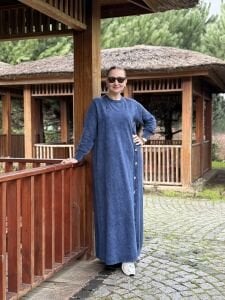 Afili tasarım düğme detaylı elbise İndigo