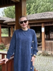 Afili tasarım düğme detaylı elbise İndigo