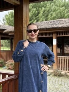 Afili tasarım düğme detaylı elbise İndigo