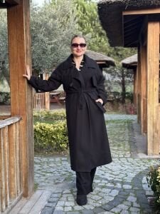 Siyah OVERSİZE kuşaklı kaşe Kaban