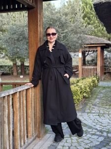 Siyah OVERSİZE kuşaklı kaşe Kaban