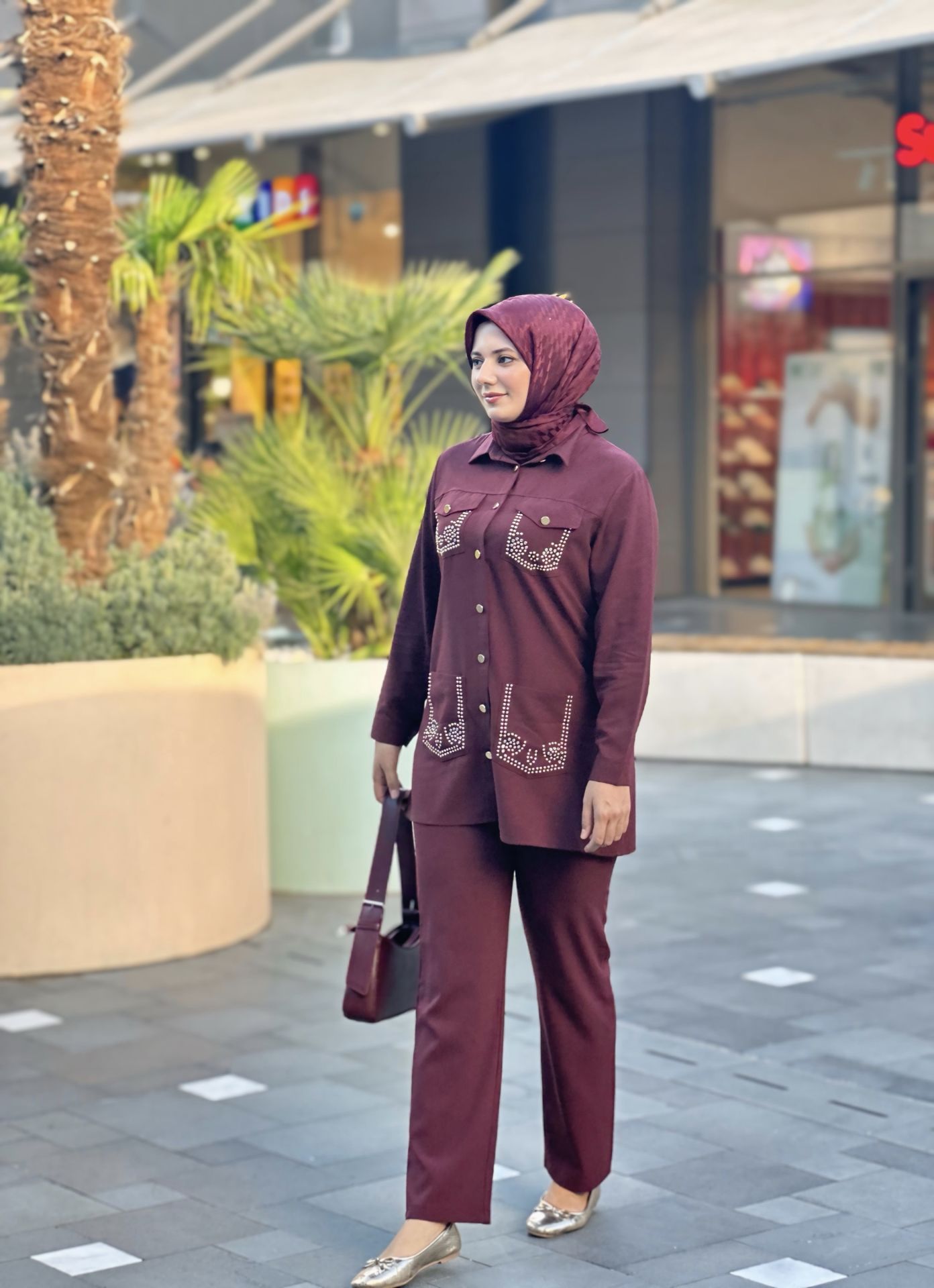 Taşlı Ceket Takım Bordo