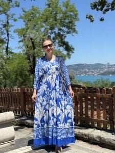 Saks beli büzmeli viskon elbise