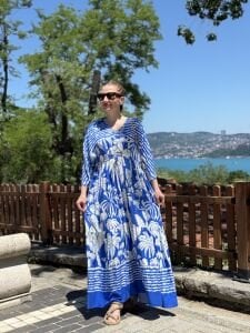 Saks beli büzmeli viskon elbise