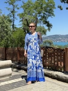 Saks beli büzmeli viskon elbise