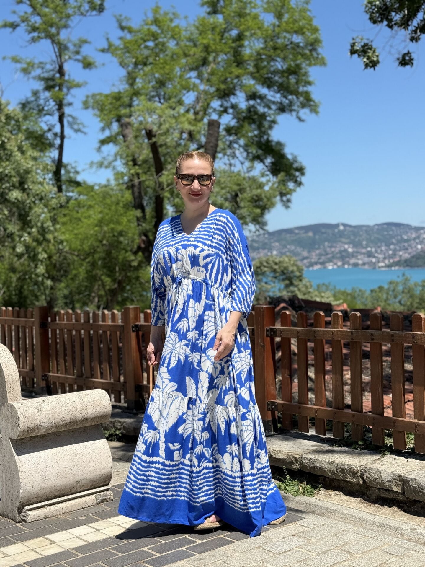 Saks beli büzmeli viskon elbise