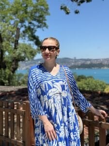 Saks beli büzmeli viskon elbise