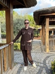 Taşlı Ceket Takım Kahve