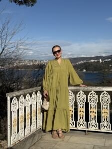 Tensel düz elbise yağ yeşili