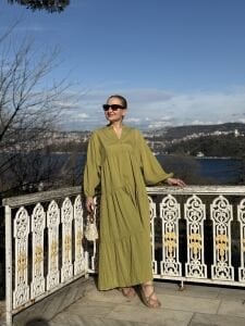 Tensel düz elbise yağ yeşili