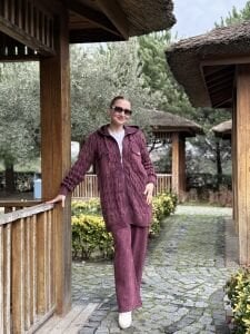Afili Kot Denim-örgü Tasarım Takım Bordo