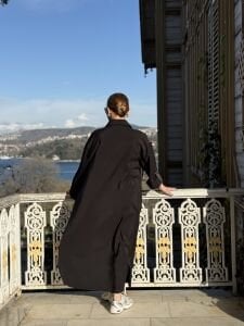 Denim detaylı tensel tasarım elbise siyah-kahve