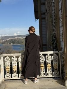 Denim detaylı tensel tasarım elbise siyah-kahve