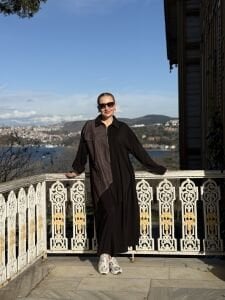 Denim detaylı tensel tasarım elbise siyah-kahve