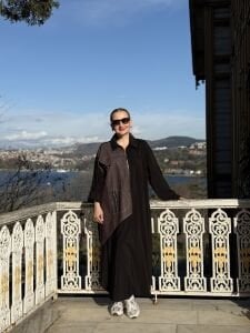 Denim detaylı tensel tasarım elbise siyah-kahve