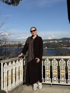 Denim detaylı tensel tasarım elbise siyah-kahve